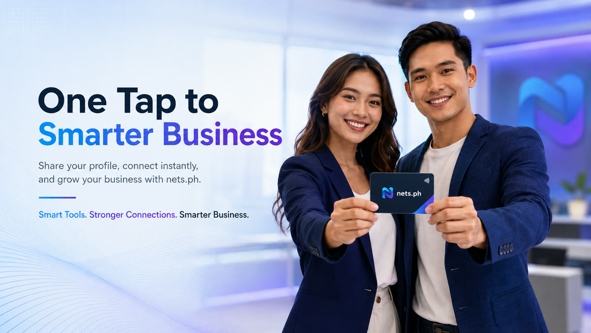 Ava and Dave holding the nets.ph smart business card